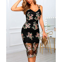 Mesh Spaghetti Strap Floral Embroidery Midi Dress - black