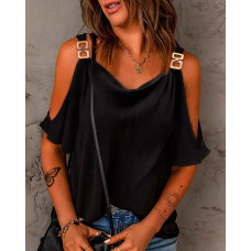 Metal Decor Cold Shoulder Top - black