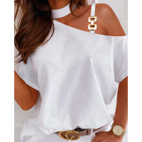 Metal Decor Cold Shoulder Top - white