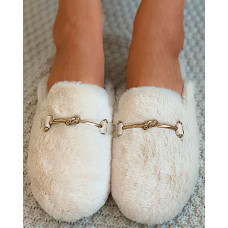 Metal Decor Fluffy Slipper - beige