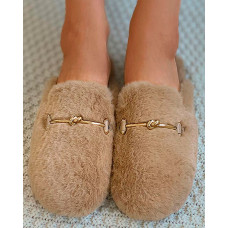 Metal Decor Fluffy Slipper - khaki