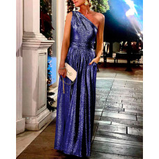 Metallic Design One Shoulder Ruched Party Dress - blue