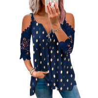 Metallic Polka Dot Contrast Lace Cold Shoulder Top - dark blue