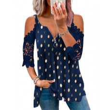 Metallic Polka Dot Contrast Lace Cold Shoulder Top - dark blue