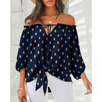 Metallic Polka Dot Tied Detail Off Shoulder Top - purplish blue