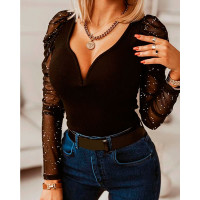 Metallic Sheer Mesh Puff Sleeve Ribbed Top - black