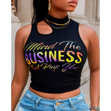 Mind The Business That Pays You Print Cutout Crop Tank Top - black