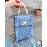 Mini Beaded Turn Lock Crossbody Bag - blue