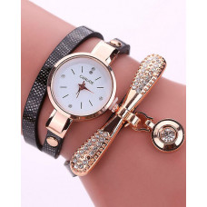 Minimalist PU Leather Rhinestone Quartz Wrist Watch & Bracelet Set - black