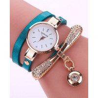 Minimalist PU Leather Rhinestone Quartz Wrist Watch & Bracelet Set - blue