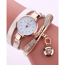 Minimalist PU Leather Rhinestone Quartz Wrist Watch & Bracelet Set - white