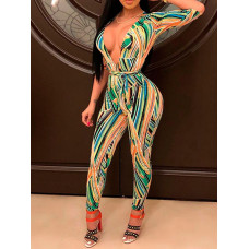 Mixed Print Plunge Tie Waist Petite Jumpsuit - Multicolor