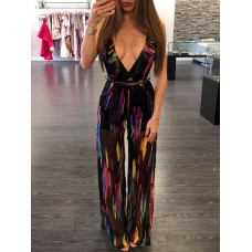 Mixed Print Ruffles Plunge Neck Sheer Slit Jumpsuit - purple