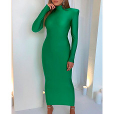 Mock Neck Long Sleeve Skinny Maxi Dress - green