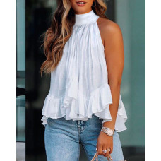 Mock Neck Ruched Ruffles Sleeveless Casual Top - white