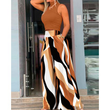 Mock Neck Sleeveless Top & Abstract Print Wide Leg Pants Set - brown