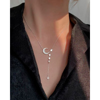 Moon Star Pattern Rhinestone Chain Necklace - gold