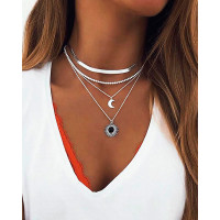 Moon Sun Pendant Multi Layered Necklace - silver