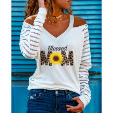 Mother's Day Blessed Mom Sunflower Print Contrast Mesh Cold Shoulder Top - white