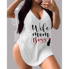 Mother's Day Gift V Neck Letter Print Short Sleeve T-shirt - white