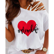 Mother's Day Lace-up One Shoulder Letter Heart Print Top - white