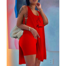 Mother's Day Letter Heart Print Slit Tank Top & Shorts Set - red