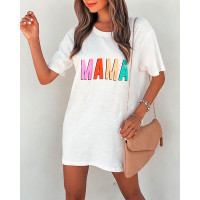 Mother's Day Letter Print Short Sleeve Casual Dress - white