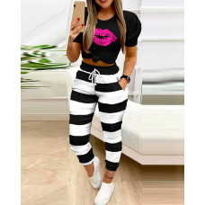 Mouth Print Top & Stripe Pocket Design Pants Sets - black