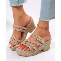 Multi Braided Strap Espadrille Platform Chunky Heel Sandals - Apricot