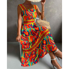 Multi-Color Abstract Heart Print Sleeveless Maxi Dress - Multicolor