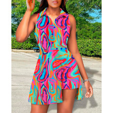 Multi-Color Abstract Print Asymmetrical Shirt Dress - hot pink