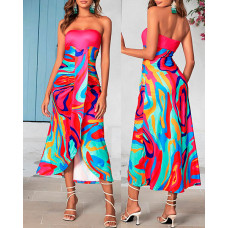 Multi-Color Abstract Print Bandeau Ruched Slit Casual Tube Dress - hot pink