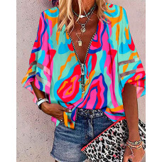 Multi-Color Abstract Print Bell Sleeve Zip Front Top - hot pink