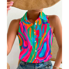 Multi-Color Abstract Print Button Front Top - hot pink