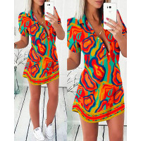 Multi-Color Abstract Print Buttoned Shirt Dress - orange