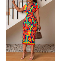 Multi-Color Abstract Print Cap Sleeve Midi Dress - Multicolor