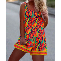 Multi-Color Abstract Print Casual Suspender Romper - Multicolor