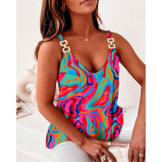 Multi-Color Abstract Print Chain Decor Tank Top - hot pink