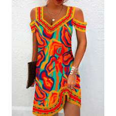 Multi-Color Abstract Print Cold Shoulder Casual Dress - orange