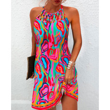 Multi-Color Abstract Print Hollow Out Casual Dress - hot pink