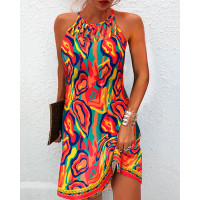 Multi-Color Abstract Print Hollow Out Casual Dress - Multicolor