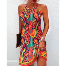 Multi-Color Abstract Print Hollow Out Casual Dress - Multicolor