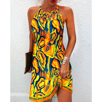 Multi-Color Abstract Print Hollow Out Casual Dress - yellow