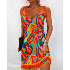 Multi-Color Abstract Print Lace Patch Casual Dress - orange