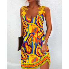 Multi-Color Abstract Print Lace Patch Casual Dress - yellow