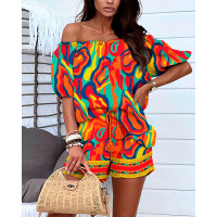 Multi-Color Abstract Print Off Shoulder Top & Drawstring Shorts Set - Multicolor