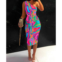 Multi-Color Abstract Print One Shoulder Bodycon Dress - hot pink