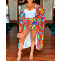 Multi-Color Abstract Print Open Front Top & Shorts Set - Multicolor