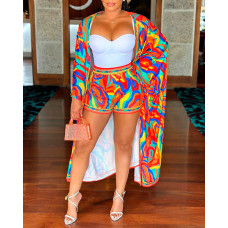 Multi-Color Abstract Print Open Front Top & Shorts Set - Multicolor