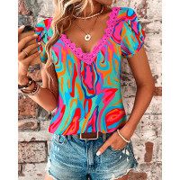 Multi-Color Abstract Print Petal Sleeve T-shirt - hot pink